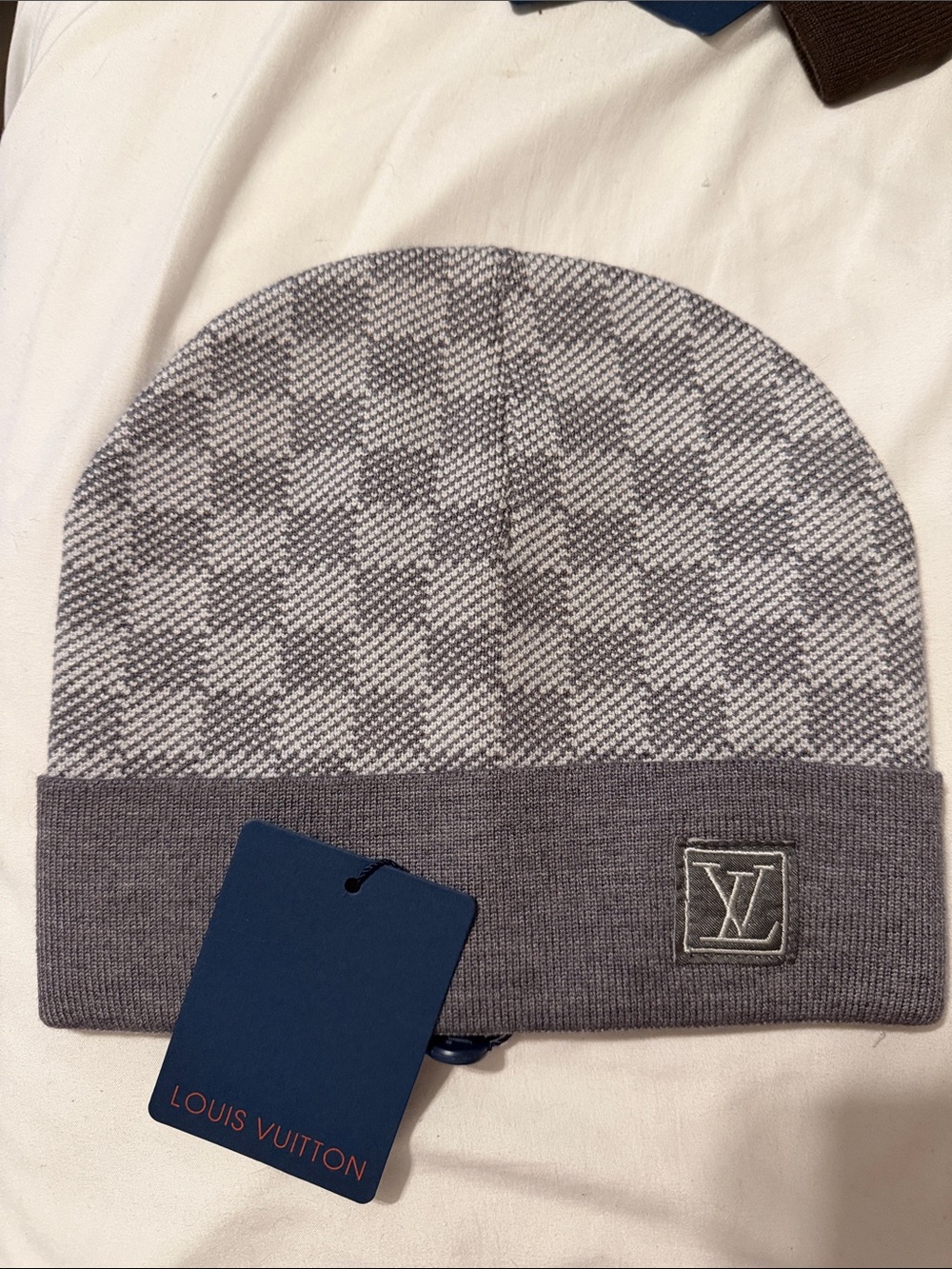 Gray Check Knit Beanie with Patch